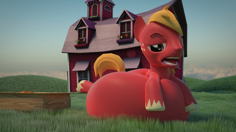 Size: 3840x2160 | Tagged: questionable, artist:kurro, banned from derpibooru, deleted from derpibooru, derpibooru import, big macintosh, pony, 3d, belly, belly bed, big belly, blender, burp, field, grass, grass field, house, huge belly, impossibly large belly, male, solo, solo male, stuffed, sweet apple acres