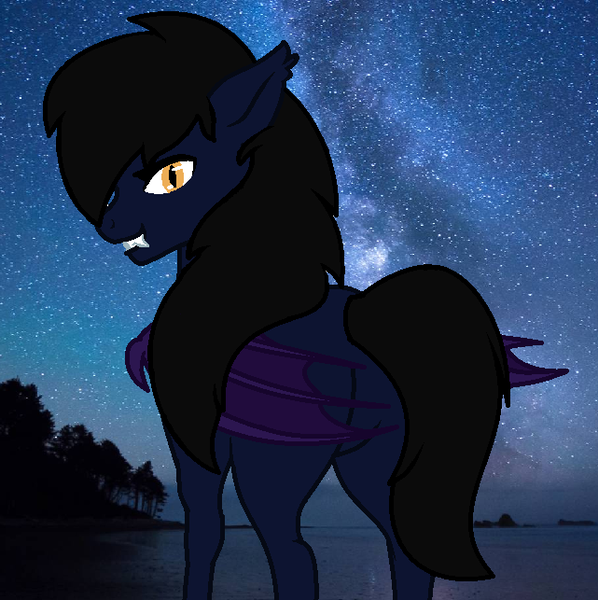 Size: 641x643 | Tagged: safe, artist:euspuche, banned from derpibooru, deleted from derpibooru, derpibooru import, oc, oc:neo, unofficial characters only, bat pony, bat wings, fangs, female, looking at you, looking back, night, outdoors, smiling, solo, stars, wings