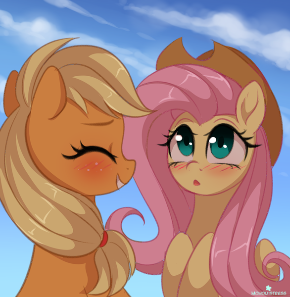Size: 1576x1613 | Tagged: dead source, safe, artist:verawitch, banned from derpibooru, deleted from derpibooru, derpibooru import, applejack, fluttershy, pony, accessory swap, appleshy, blushing, bust, cloud, cowboy hat, cute, eyes closed, female, hat, hooves up, jackabetes, lesbian, mare, shipping, shyabetes, sky, smiling, stetson