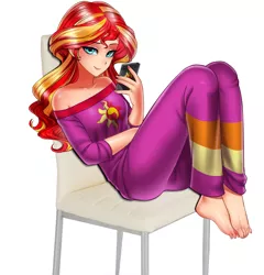 Size: 3401x3537 | Tagged: safe, artist:racoonsan, banned from derpibooru, deleted from derpibooru, derpibooru import, edit, sunset shimmer, human, equestria girls, bare shoulders, barefoot, clothes, cute, feet, humanized, looking at you, pajamas, solo
