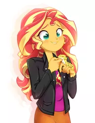Size: 927x1200 | Tagged: safe, artist:jumblehorse, banned from derpibooru, deleted from derpibooru, derpibooru import, ray, sunset shimmer, gecko, leopard gecko, lizard, eqg summertime shorts, equestria girls, pet project, clothes, cute, eyes closed, female, hnnng, jacket, shimmerbetes, shirt, skirt, smiling
