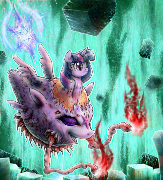 Size: 996x1098 | Tagged: semi-grimdark, artist:ioncorupterx, banned from derpibooru, deleted from derpibooru, derpibooru import, twilight sparkle, pony, boss, crossover, final fantasy, jenova, mutant