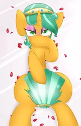 Size: 900x1400 | Tagged: suggestive, artist:kryptchild, banned from derpibooru, deleted from derpibooru, derpibooru import, snails, crystal pony, ask glitter shell, ask, bedroom eyes, blushing, covering, crystallized, eyeshadow, foalcon, glitter shell, makeup, male, on back, rose petals, solo, tail covering, trap, underage