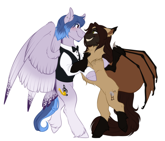 Size: 1400x1200 | Tagged: safe, artist:harmoniousrain, banned from derpibooru, deleted from derpibooru, derpibooru import, oc, oc:casey bleu, oc:rasta jam, unofficial characters only, bat pony, pegasus, pony, bat pony oc, bat wings, bleujam, couple, female, husband and wife, looking at each other, male, mare, married couple, oc x oc, shipping, smiling, stallion, straight, wings