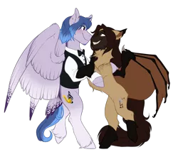 Size: 1400x1200 | Tagged: safe, artist:harmoniousrain, banned from derpibooru, deleted from derpibooru, derpibooru import, oc, oc:casey bleu, oc:rasta jam, unofficial characters only, bat pony, pegasus, pony, bat pony oc, bat wings, bleujam, couple, female, husband and wife, looking at each other, male, mare, married couple, oc x oc, shipping, smiling, stallion, straight, wings