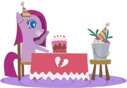 Size: 898x622 | Tagged: safe, artist:ginkadia, banned from derpibooru, deleted from derpibooru, derpibooru import, pinkie pie, earth pony, pony, party of one, bucket, cake, creepy, creepy smile, female, food, mare, pinkamena diane pie, simple background, smiling, table, turnip