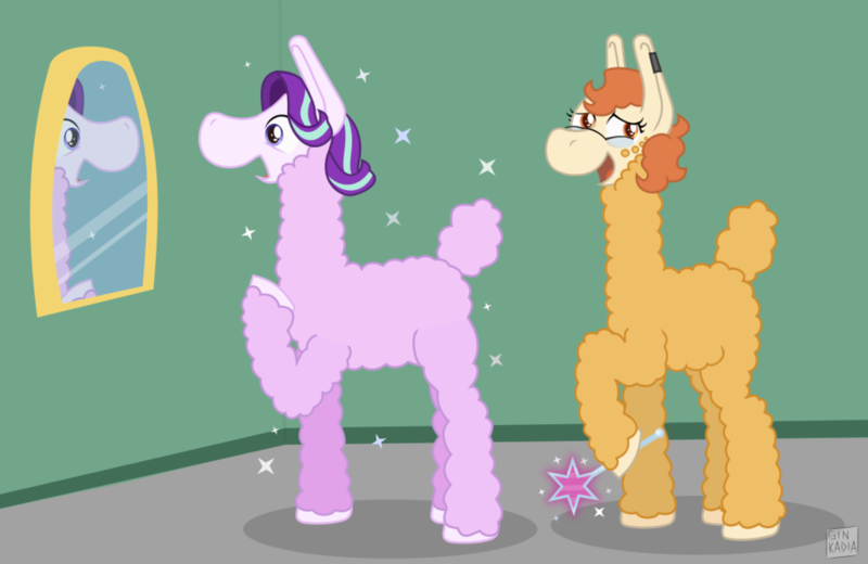 Size: 1024x666 | Tagged: safe, artist:ginkadia, banned from derpibooru, deleted from derpibooru, derpibooru import, starlight glimmer, oc, oc:spring heart, llama, duo, ear piercing, earring, female, freckles, glasses, jewelry, mirror, piercing, reflection, species swap, surprised, wand