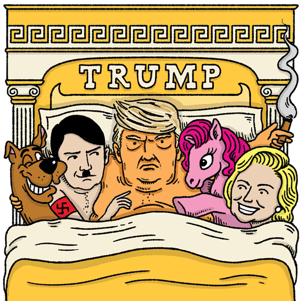 Size: 1047x1047 | Tagged: suggestive, banned from derpibooru, deleted from derpibooru, derpibooru import, pinkie pie, adolf hitler, background pony strikes again, donald trump, downvote bait, hillary clinton, scooby doo, wat