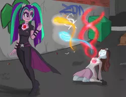 Size: 1300x1000 | Tagged: grimdark, artist:flight-of-the-moon, banned from derpibooru, deleted from derpibooru, derpibooru import, adagio dazzle, aria blaze, sonata dusk, ghost, undead, equestria girls, absorption, alleyway, breasts, clothes, commission, dumpster, equestrian city, graffiti, high heels, magic, pants, shoes, skirt, spirit, the dazzlings, witch