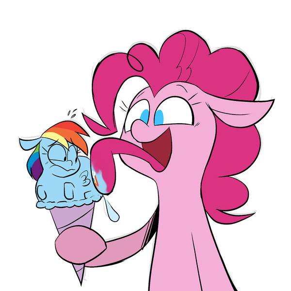 Size: 960x960 | Tagged: questionable, artist:belaboy, banned from derpibooru, deleted from derpibooru, derpibooru import, pinkie pie, rainbow dash, pony, fetish, food, food transformation, ice cream, inanimate tf, licking, story in the source, tongue out, transformation