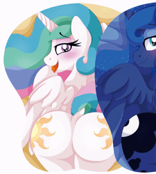 Size: 1081x1200 | Tagged: suggestive, artist:pearlyiridescence, banned from derpibooru, deleted from derpibooru, derpibooru import, edit, princess celestia, princess luna, alicorn, pony, animated, bedroom eyes, butt, dock, eclipse, female, gif, looking at you, looking back, luna eclipsing celestia, mare, moonbutt, mousepad, open mouth, oppai mousepad, plot, prone, pun, raised tail, simple background, smiling, solar eclipse, spread wings, sunbutt, tail, tongue out, visual pun, white background, wings