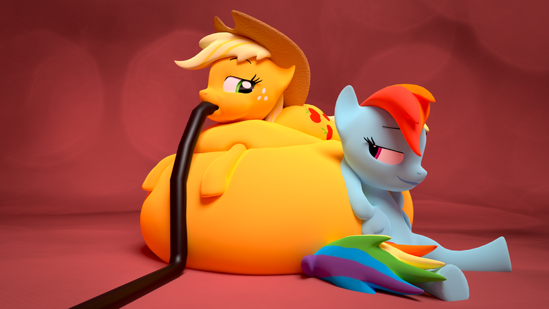 Size: 3840x2160 | Tagged: questionable, artist:kurro, banned from derpibooru, deleted from derpibooru, derpibooru import, applejack, rainbow dash, 3d, appleblimp, appledash, bedroom eyes, belly, belly bed, big belly, blender, female, helium inflation, hose, huge belly, impossibly large belly, inflation, leaning, lesbian, looking at each other, sequence, shipping