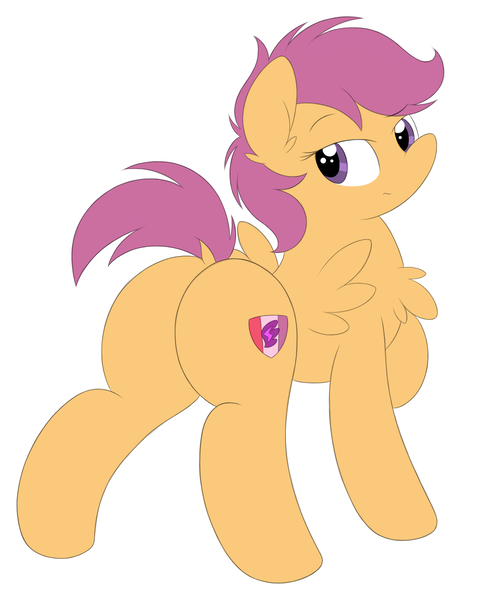 Size: 1490x1871 | Tagged: suggestive, artist:onlytheponies, banned from derpibooru, deleted from derpibooru, derpibooru import, scootaloo, pony, butt, chest fluff, cutie mark, dock, female, older, plot, scootabutt, simple background, solo, solo female, the ass was fat, the cmc's cutie marks, white background
