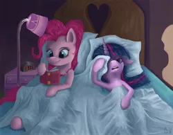 Size: 1100x859 | Tagged: safe, artist:raedrob, banned from derpibooru, deleted from derpibooru, derpibooru import, pinkie pie, twilight sparkle, bed, book, female, lesbian, shipping, twinkie