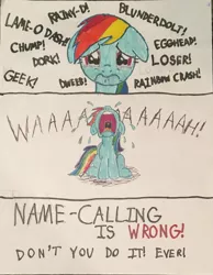 Size: 1780x2294 | Tagged: safe, artist:trini-mite, banned from derpibooru, deleted from derpibooru, derpibooru import, rainbow dash, pegasus, abuse, bully, bullying, crying, dashabuse, floppy ears, harsher in hindsight, mouthpiece, nose in the air, out of character, public service announcement, rainbow crash, this will end in school shooting, traditional art, verbal abuse