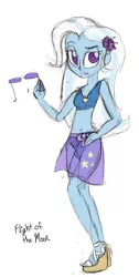 Size: 399x791 | Tagged: safe, artist:flight-of-the-moon, banned from derpibooru, deleted from derpibooru, derpibooru import, trixie, equestria girls, belly button, bikini, blue swimsuit, breasts, clothes, colored sketch, doll, equestria girls minis, female, looking at you, midriff, sandals, sarong, simple background, solo, star printed swimsuit, swimsuit, toy, white background, wrap skirt