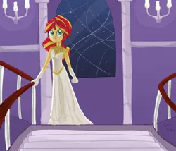 Size: 1600x1368 | Tagged: safe, artist:flight-of-the-moon, banned from derpibooru, deleted from derpibooru, derpibooru import, sunset shimmer, equestria girls, alternate hairstyle, beautiful, clothes, dress, female, gloves, jewelry, looking at you, majestic, smiling, solo, stairs, window
