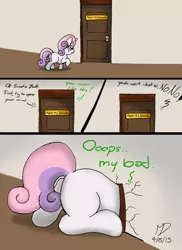 Size: 900x1238 | Tagged: safe, artist:made-in-donuts, banned from derpibooru, deleted from derpibooru, derpibooru import, sweetie belle, pony, comic, door, doorway, female, giant pony, giantess, growth, macro, psychiatrist, stuck