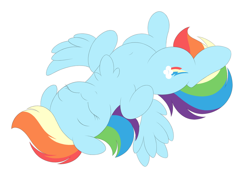 Size: 2168x1589 | Tagged: safe, artist:onlytheponies, banned from derpibooru, deleted from derpibooru, derpibooru import, rainbow dash, pony, belly button, chest fluff, floppy ears, on back, simple background, solo, white background