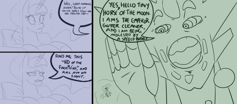 Size: 2000x883 | Tagged: safe, artist:freehdmcgee, banned from derpibooru, deleted from derpibooru, derpibooru import, princess celestia, princess luna, alicorn, pony, getter emperor, implied princess celestia, luna is not amused, off-panel character, poorly drawn lines, shitposting, shitposting loudly, short comic, unamused