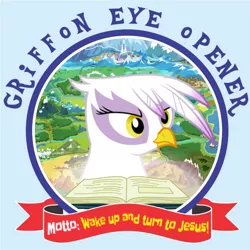 Size: 900x900 | Tagged: safe, artist:trini-mite, banned from derpibooru, deleted from derpibooru, derpibooru import, gilda, gryphon, book, christianity, eagle eye opener, image, implied jesus, map of equestria, parody, png, religion, religious focus, religious headcanon, text