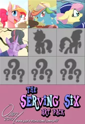 Size: 600x878 | Tagged: safe, artist:omny87, banned from derpibooru, deleted from derpibooru, derpibooru import, applejack, fluttershy, pinkie pie, rainbow dash, rarity, twilight sparkle, anthro, advertisement, mane six, patreon, patreon preview, promotional art, question mark, silhouette