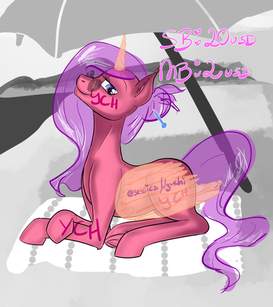 Size: 960x1080 | Tagged: safe, artist:jessicanyuchi, banned from derpibooru, deleted from derpibooru, derpibooru import, oc, unofficial characters only, pegasus, pony, unicorn, beach, commission, cute, female, mare, relaxing, sexy, solo, your character here