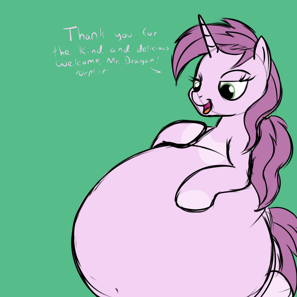 Size: 1500x1500 | Tagged: questionable, artist:fataltragedy2004, banned from derpibooru, deleted from derpibooru, derpibooru import, oc, oc:mulberry tart, unofficial characters only, belly, big belly, dialogue, female, fetish, post-vore, simple background, sketch, solo, solo female, stuffed, vore