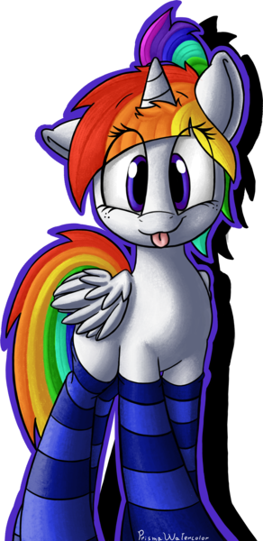 Size: 1800x3697 | Tagged: safe, artist:matheus333, artist:prismawatercolor, banned from derpibooru, deleted from derpibooru, derpibooru import, oc, oc:prisma watercolor, unofficial characters only, alicorn, :p, alicorn oc, clothes, cute, freckles, horn, looking at you, multicolored hair, ponytail, rainbow hair, simple background, smiling, socks, solo, striped socks, tongue out, transparent background, wings