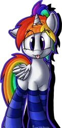 Size: 1800x3697 | Tagged: safe, artist:matheus333, artist:prismawatercolor, banned from derpibooru, deleted from derpibooru, derpibooru import, oc, oc:prisma watercolor, unofficial characters only, alicorn, :p, alicorn oc, clothes, cute, freckles, horn, looking at you, multicolored hair, ponytail, rainbow hair, simple background, smiling, socks, solo, striped socks, tongue out, transparent background, wings