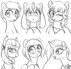 Size: 3100x3000 | Tagged: safe, artist:verawitch, banned from derpibooru, deleted from derpibooru, derpibooru import, oc, oc:blackwork, oc:coconut milk, oc:lithium, oc:minty gale, oc:reverie, oc:whiplash, unofficial characters only, pony, monochrome, sketch, sketch dump