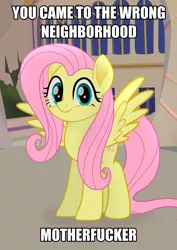 Size: 1420x2003 | Tagged: safe, artist:shutterflyeqd, banned from derpibooru, deleted from derpibooru, derpibooru import, edit, fluttershy, my little pony: the movie, caption, cute, image macro, looking at you, meme, movie accurate, solo, spread wings, text, vulgar, wings, wrong neighborhood