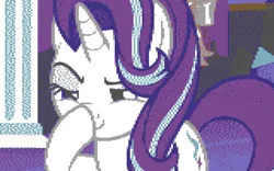 Size: 1280x800 | Tagged: safe, banned from derpibooru, deleted from derpibooru, derpibooru import, edit, edited screencap, screencap, starlight glimmer, pony, unicorn, no second prances, boop, cropped, empty eyes, glimmerposting, lidded eyes, meme, pixel art, raised eyebrow, self-boop, smiling, smirk, solo