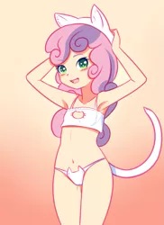 Size: 785x1080 | Tagged: suggestive, artist:drantyno, banned from derpibooru, deleted from derpibooru, derpibooru import, sweetie belle, human, armpits, belly button, blushing, bra, cameltoe, cat ears, cat lingerie, cat tail, clothes, crop top bra, female, gradient background, humanized, lingerie, lolicon, looking at you, open mouth, panties, smiling, solo, solo female, underage, underwear, white underwear