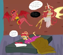 Size: 2871x2500 | Tagged: safe, artist:flight-of-the-moon, banned from derpibooru, deleted from derpibooru, derpibooru import, sunset shimmer, equestria girls, annoyed, barefoot, bed, book, clothes, conscience, daydream shimmer, dialogue, dress, feet, horn, pajamas, reading, shoulder angel, shoulder devil, sunset satan, sunset's apartment, sunset's conscience, wings