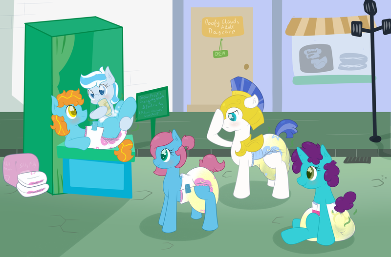 Size: 4790x3156 | Tagged: questionable, artist:vitriolink, banned from derpibooru, deleted from derpibooru, derpibooru import, oc, oc:scherzando, oc:snow frost, oc:vitriol ink, adult foal, baby powder, blushing, changing table, cute, diaper, diaper change, diaper fetish, fetish, messy diaper, poofy diaper, poop, poopy diaper, royal guard, urine, wet diaper