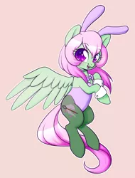 Size: 800x1054 | Tagged: safe, artist:ashleynicholsart, banned from derpibooru, deleted from derpibooru, derpibooru import, oc, oc:spectral wind, unofficial characters only, pegasus, pony, bowtie, bunny ears, bunny suit, clothes, colored pupils, cuffs (clothes), female, leotard, looking at you, mare, open mouth, pantyhose, simple background, smiling, solo, wrist cuffs
