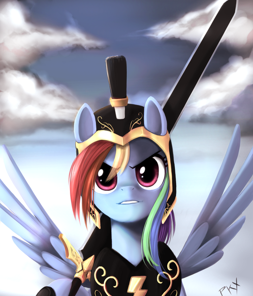 Size: 1200x1400 | Tagged: safe, artist:ponykillerx, banned from derpibooru, deleted from derpibooru, derpibooru import, commander hurricane, rainbow dash, pegasus, pony, armor, cloud, female, frown, helmet, holding, image, mare, outdoors, png, solo, spread wings, sword, weapon, wings
