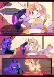 Size: 2126x3008 | Tagged: suggestive, artist:magnaluna, banned from derpibooru, deleted from derpibooru, derpibooru import, princess celestia, princess luna, twilight sparkle, twilight sparkle (alicorn), alicorn, pony, bed, bedroom, blushing, chest fluff, comic, female, floppy ears, kissing, lesbian, mare, shipping, traditional royal canterlot voice, twilestia
