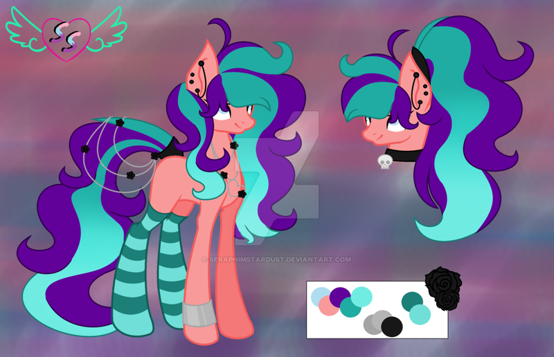 Size: 1024x661 | Tagged: safe, artist:seraphimstardust, banned from derpibooru, deleted from derpibooru, derpibooru import, oc, unofficial characters only, earth pony, pony, clothes, female, mare, reference sheet, socks, solo, striped socks, watermark