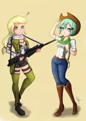 Size: 763x1080 | Tagged: safe, artist:the-park, banned from derpibooru, deleted from derpibooru, derpibooru import, applejack, human, accessory swap, asada shino, clothes, clothes swap, cosplay, costume, cute, gun, humanized, rifle, sinon, sword art online, weapon