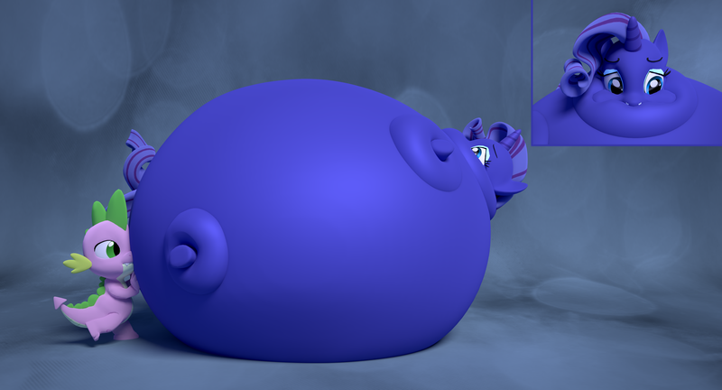 Size: 4000x2160 | Tagged: questionable, artist:kurro, banned from derpibooru, deleted from derpibooru, derpibooru import, rarity, spike, dragon, 3d, abstract background, bingo wings, blender, bluebarity, blueberry inflation, confused, inflation, neck roll, puffy cheeks, rolling, squishy