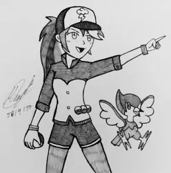 Size: 1872x1890 | Tagged: safe, artist:atisuto17, banned from derpibooru, deleted from derpibooru, derpibooru import, rainbow dash, eqg summertime shorts, equestria girls, good vibes, anime, crossover, dash ketchum, female, grayscale, monochrome, pikipek, pointing, pokéball, pokémon, ponytail, solo, traditional art