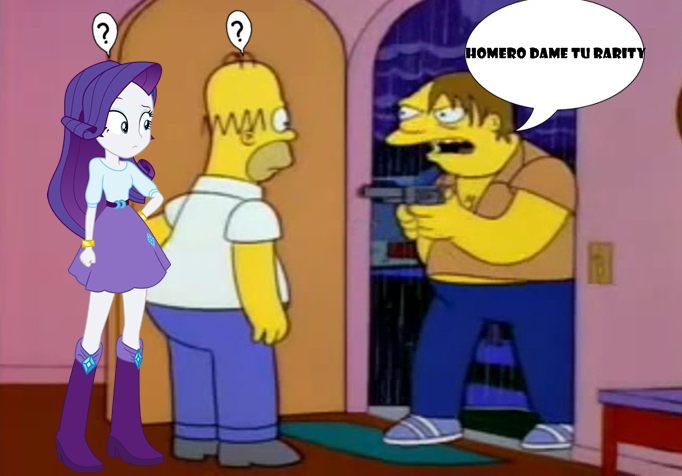 Size: 682x476 | Tagged: safe, banned from derpibooru, deleted from derpibooru, derpibooru import, rarity, equestria girls, barney, crossover, gun, homer simpson, spanish, the simpsons, weapon