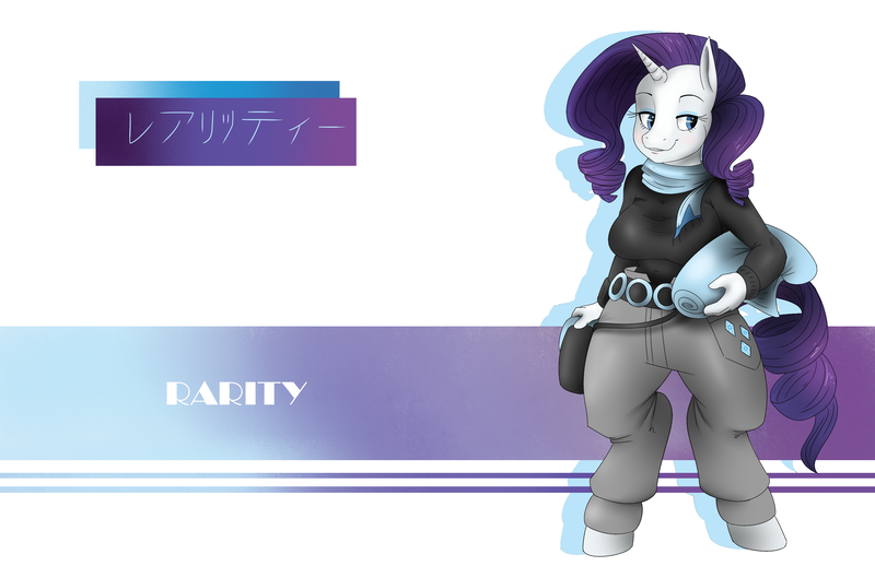 Size: 3089x2000 | Tagged: safe, artist:freehdmcgee, banned from derpibooru, deleted from derpibooru, derpibooru import, rarity, anthro, unguligrade anthro, unicorn, belt, clothes, cutie mark clothing, cutie mark pants, fabric, female, getter robo, getter robo e, horn, japanese, lettering, looking at you, mane, pants, pocket, purse, scarf, solo, tail