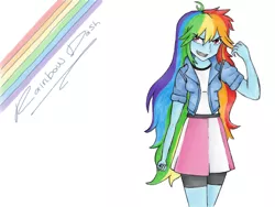 Size: 1024x768 | Tagged: safe, artist:soarindash, banned from derpibooru, deleted from derpibooru, derpibooru import, rainbow dash, human, equestria girls, clothes, compression shorts, confident, female, humanized, jacket, simple background, skirt, solo, white background