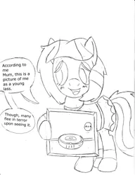 Size: 1000x1300 | Tagged: safe, artist:fillerartist, banned from derpibooru, deleted from derpibooru, derpibooru import, oc, oc:milly millstone, unofficial characters only, clothes, holding, implications, maid, roomba, solo, speech bubble, text, traditional art, vacuum cleaner, worried