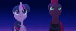 Size: 640x262 | Tagged: safe, banned from derpibooru, deleted from derpibooru, derpibooru import, screencap, tempest shadow, twilight sparkle, twilight sparkle (alicorn), alicorn, unicorn, my little pony: the movie, animated, bashful, cute, duo, duo female, faic, female, females only, horn, implied shipping, looking at each other, smiling, smirk, twiface