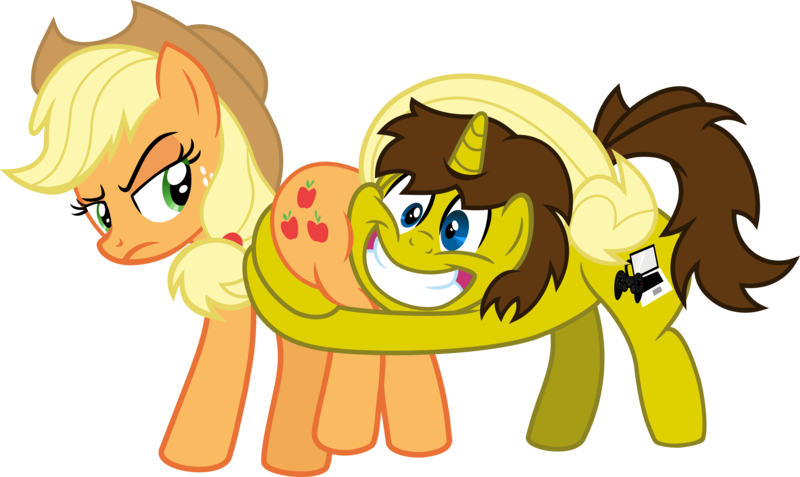 Size: 9072x5404 | Tagged: suggestive, artist:nupiethehero, banned from derpibooru, deleted from derpibooru, derpibooru import, applejack, oc, oc:cyber gamer, unicorn, shadow play, butt touch, butthug, canon x oc, female, hug, male, pinkie hugging applejack's butt, simple background, straight, transparent background