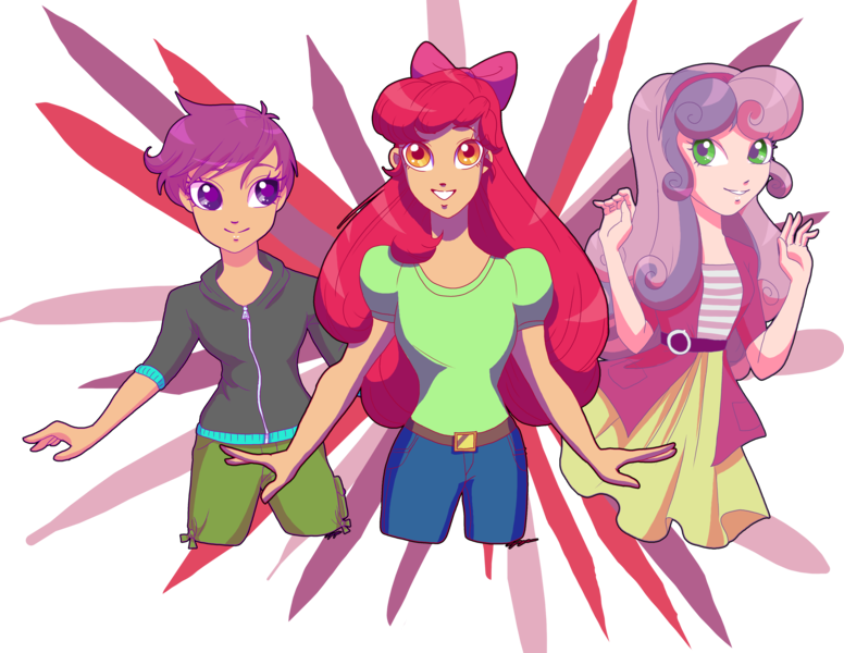 Size: 3300x2550 | Tagged: safe, artist:xxcommandershepardxx, banned from derpibooru, deleted from derpibooru, derpibooru import, apple bloom, scootaloo, sweetie belle, human, equestria girls, belt, bow, clothes, cutie mark crusaders, denim, female, hair bow, human coloration, humanized, looking at you, shirt, short pants, shorts, simple background, skirt, smiling, sweater, transparent background, trio